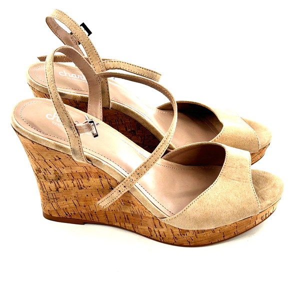 NWOT Charles David Lambert Wedge Sandals 11 Cork Tan Suede Ankle - Picture 2 of 7